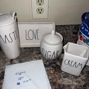 Rae Dunn Lot, utensils, namaste, cream, sugar, hubby cup, love plate (9 pieces)